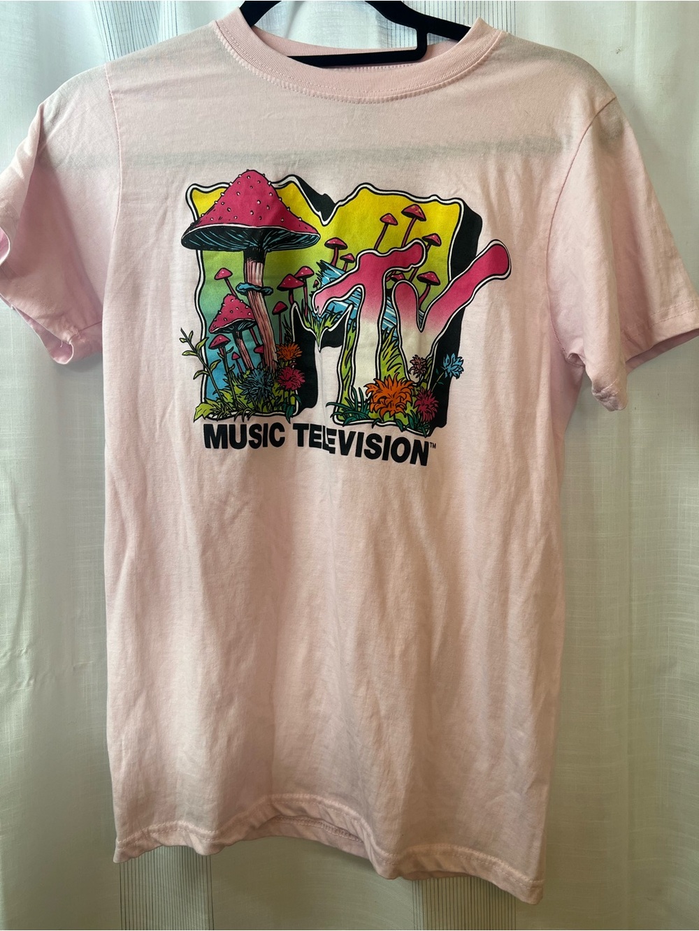MTV Pink Graphic Tee with Colorful Mushroom Art